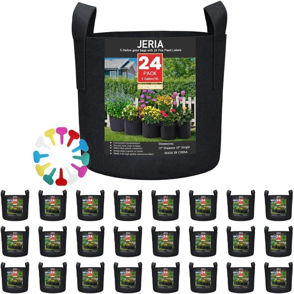 JERIA 24-Pack 5 Gallon Nonwoven Grow Bags, Plant Grow Bags，Heavy Duty Aeration Fabric Pots with Durable Handles, Come with 24 Pcs Plant Labels - Image 1 - Lot 6671