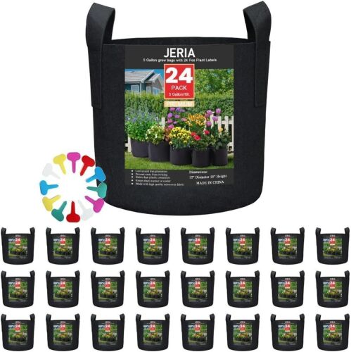 JERIA 24-Pack 5 Gallon Nonwoven Grow Bags, Plant Grow Bags，Heavy Duty Aeration Fabric Pots with Durable Handles, Come with 24 Pcs Plant Labels - Lot 6671