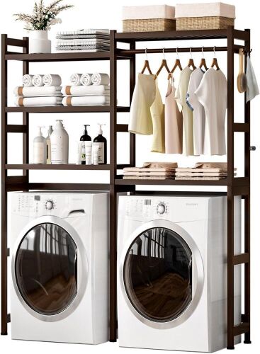Over The Washer and Dryer Storage Shelf Bamboo,5 Tiers Laundry Room Drying Rack with Adjustable Shelves and 4 Hooks,Space Saver Organizer for Hanging Clothes and Towels (Brown) - Lot 6691