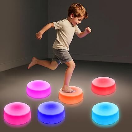 Light-Up Stepping Stones for Kids Ages 3+ – Touch-Activated 7-Color LED Sensory Balance Stones for Indoor and Outdoor Obstacle Course, Calm Corner and Sensory Play (6-Pack) - Lot 6692