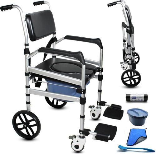 Folding Bedside Commode with Wheels, Padded Shower Chair with Bucket, Rolling Shower Commode Chairs with Soft Backrest, Bedside Commodes for Senior & Handicap - Lot 6696