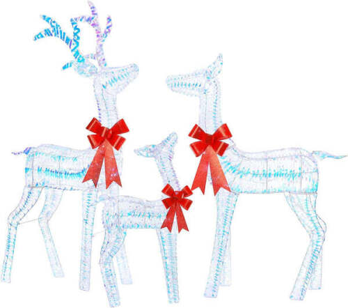 4.5' 3D Pre-lit Iridescent Christmas Reindeers Family, 3-Piece Lighted Deer Set with 280 LED Lights, Stakes, Zip Ties for Indoor or Outdoor Christmas Decorations - Lot 7941