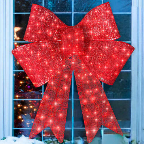 Pre-Lit Large Christmas Bow Decoration, Holiday Decor w/ 8 Functions - Lot 8030