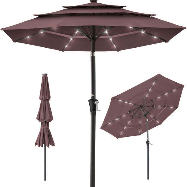 3-Tier Solar Patio Umbrella w/ LED Lights, Tilt Adjustment, Crank - 10ft - Image 1 - Lot 8053
