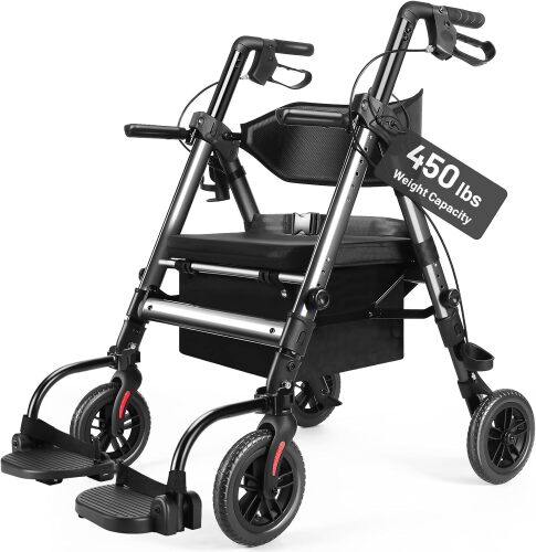 AKOASM Heavy Duty Rollator Walker for Seniors with Seat, Foldable 2 in 1 Rolling Walkers Wheelchair Combo for Adult, All Terrain Wheels, Adjustable Transport Chair with Brake, 450 lb. Weight Capacity, Steel Grey - Lot 8210
