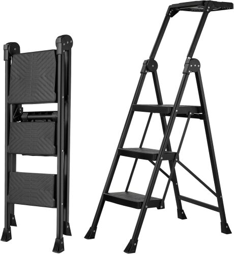XinSunho 3 Step Ladder, Foldable Handrail & Tool Tray Stool Ladders with Anti-Slip Wide Pedal, 660 lbs Sturdy Steel Ladder for Home Kitchen and Outdoor - Lot 8211