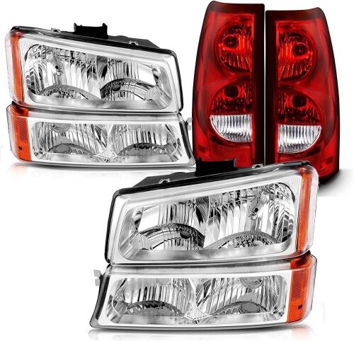 Headlight Tail Light Compatible with 2003-2006 Chevy Silverado Avalanche 1500 1500HD 2500 2500HD 3500(07 Sivlerado Classic),Chrome Housing Amber Reflector - Lot 8235
