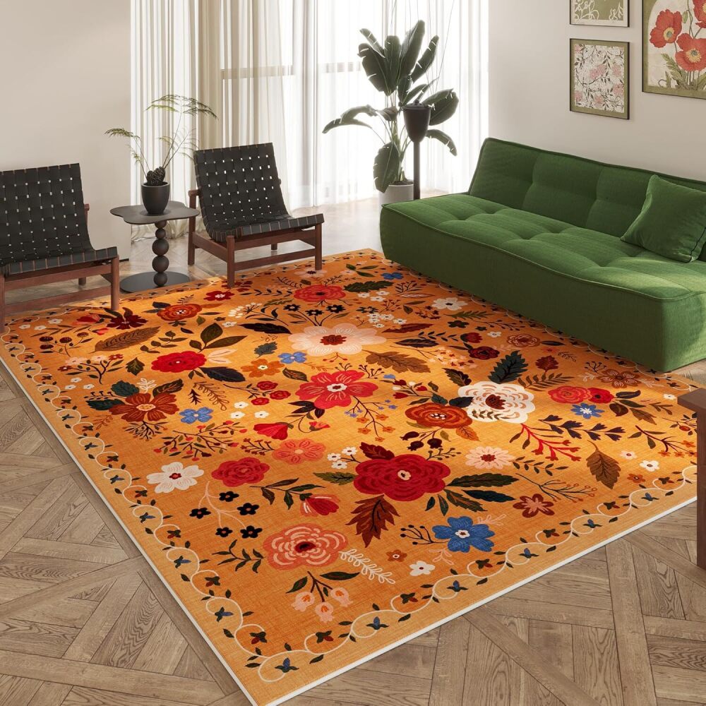 Rugcomf Area Rugs 8x10 Rug for Living Room Clearance Washable Boho Area Rug Non Slip Floral Vintage Low Pile Large Rug for Living Room, Bedroom, Farmhouse, Dining Room, Kids Playroom(Yellow) - Image 1 - Lot 8255