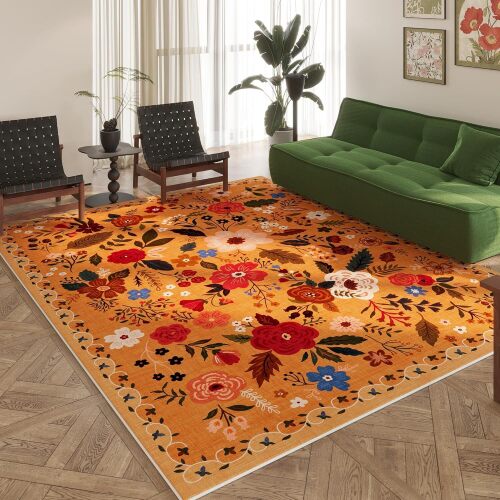 Rugcomf Area Rugs 8x10 Rug for Living Room Clearance Washable Boho Area Rug Non Slip Floral Vintage Low Pile Large Rug for Living Room, Bedroom, Farmhouse, Dining Room, Kids Playroom(Yellow) - Lot 8255