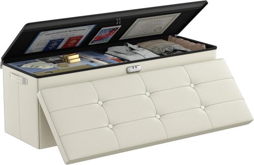 DocSafe Storage Ottoman Bench,Fireproof＆Waterproof Folding Bench with Lock(15”x 43”x15”),Leather Storage Chest with Handles＆2 Extra Boxes,Ottoman Safe for Bedroom,Living Room,Home Office,Beige - Lot 8270