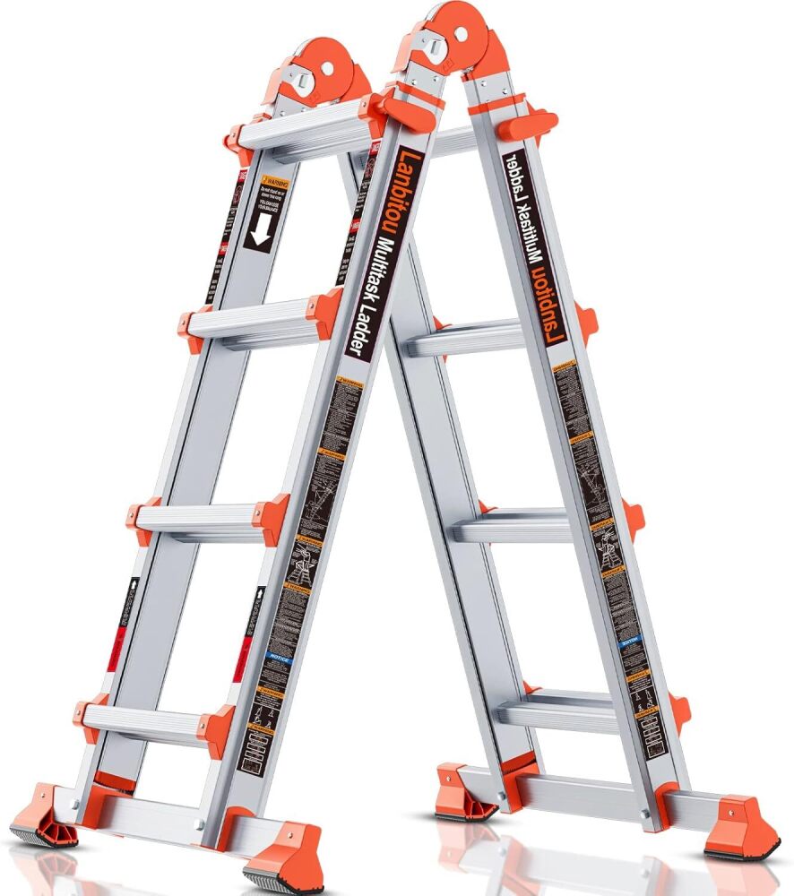 Ladder, A Frame 4 Step Ladder Extension, 14 FT Anti-Slip Multi Position & Storage Folding Ladder, 330 lbs Security Load Telescoping Aluminum Ladders for Stairs Home Indoor Outdoor Roof - Image 1 - Lot 8275