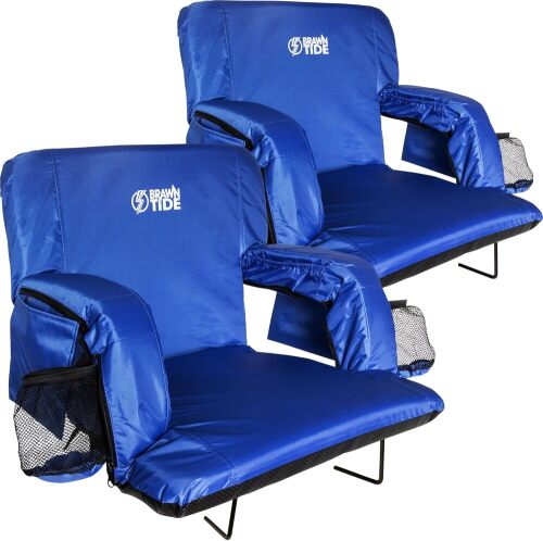 BRAWNTIDE Stadium Seat with Back Support - Comfy Cushion, Thick Padding, 2 Steel Bleacher Hooks, 4 Pockets, 2 Cup Holders, Reclining Back, Ideal Chair for Sport Events, Beaches, Camping, Concerts, 2-Pack - Lot 8285