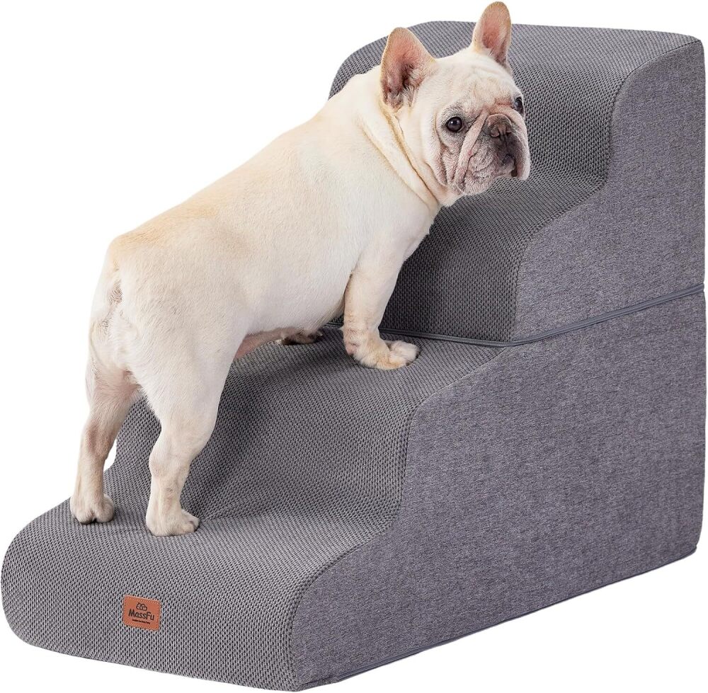 MASSFU Gray Curved Dog Stairs Ramp for High Beds 22.8" H, 4-Step Dog Steps for Small Dogs and Cats, Pet Stairs for High Bed Climbing, Non-Slip Balanced Pet Step - Image 1 - Lot 8290