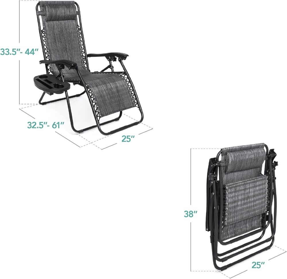 Set of 2 Adjustable Steel Mesh Zero Gravity Lounge Chair Recliners w/Pillows and Cup Holder Trays - Image 2 - Lot 4680