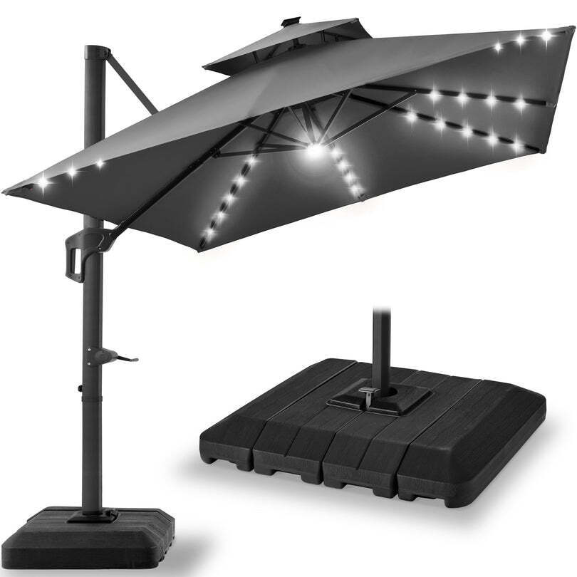 2-Tier Square LED Cantilever Offset Umbrella w/ 360 Rotation, Base - 10x10ft - Image 1 - Lot 708