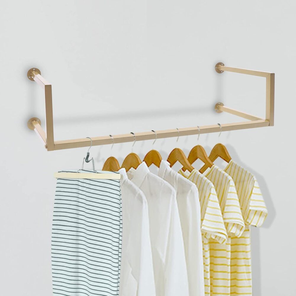 Gold Clothing Rack Wall-Mounted Clothes Rack, Modern Clothes Hanging Bar Space-Saving Vintage Retail Garment Rack Closet Retail Clothing Organizer, Multi-Purpose Heavy Duty Clothing Hanging Rod - Image 1 - Lot 2203