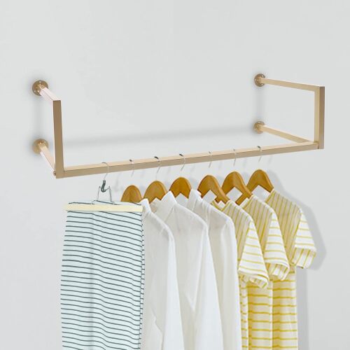 Gold Clothing Rack Wall-Mounted Clothes Rack, Modern Clothes Hanging Bar Space-Saving Vintage Retail Garment Rack Closet Retail Clothing Organizer, Multi-Purpose Heavy Duty Clothing Hanging Rod - Lot 2203