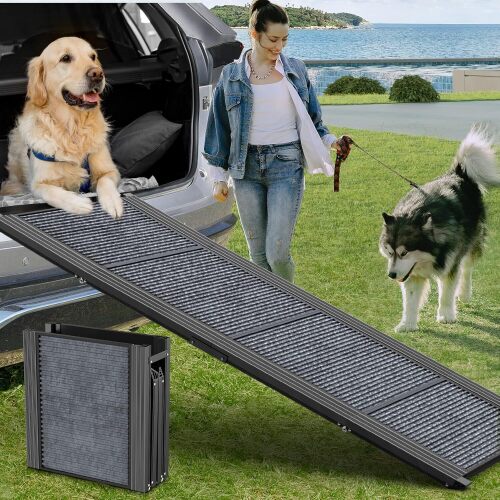 HerCcreta Dog Ramp for Car 63" Long & 17" Wide Portable Dog Ramps for Large Dogs with Non-Slip Rug Surface Dog Car Ramp for SUV Car & Truck, Folding Dog Ramp Up to 250LBS - Lot 8056