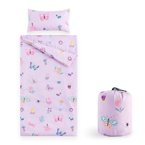 Wake In Cloud - Sleeping Bag for Kids Toddlers, Portable Compact Lightweight Backpacking Nap Mat with Pillow and Blanket, for Girls, Purple with Butterfly Flowers, 55" x 30" - Lot 8100