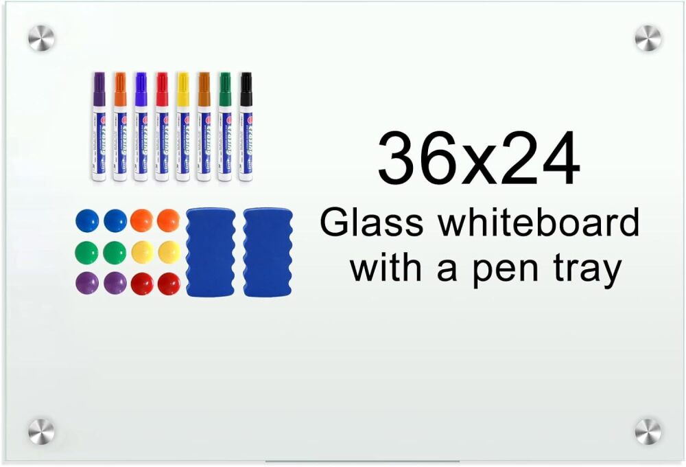 H-Qprobd Glass Whiteboard 36"x24" Magnetic Dry Erase White Board for Wall, Includes 12 Magnets, 8 Markers and 2 Erasers - Image 1 - Lot 8107