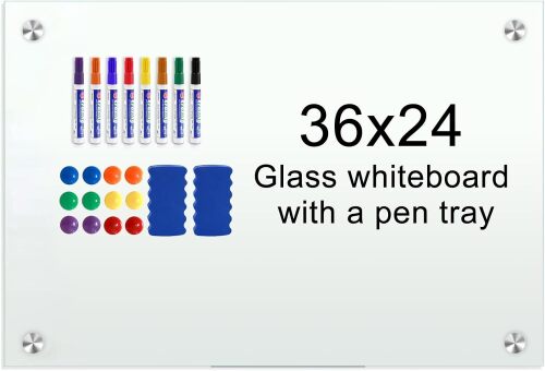H-Qprobd Glass Whiteboard 36"x24" Magnetic Dry Erase White Board for Wall, Includes 12 Magnets, 8 Markers and 2 Erasers - Lot 8107