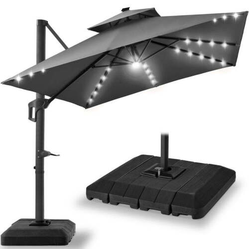 2-Tier Square LED Cantilever Offset Umbrella w/ 360 Rotation, Base - 10x10ft - Lot 8226