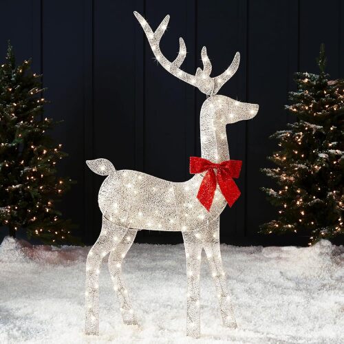 5ft 2D Lighted Christmas Deer Buck, Large Outdoor Reindeer Yard Holiday Decoration with 105 LED Lights, Stakes, Zip Ties - Lot 8229