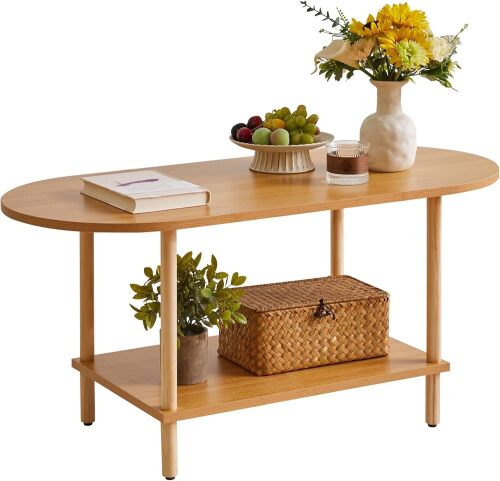 Wooden Tea Table Small Coffee Table, 2 Tier Coffee Table for Living Room, 35x16x17inch Tea Table Stand with Storage Shelf - Lot 8231