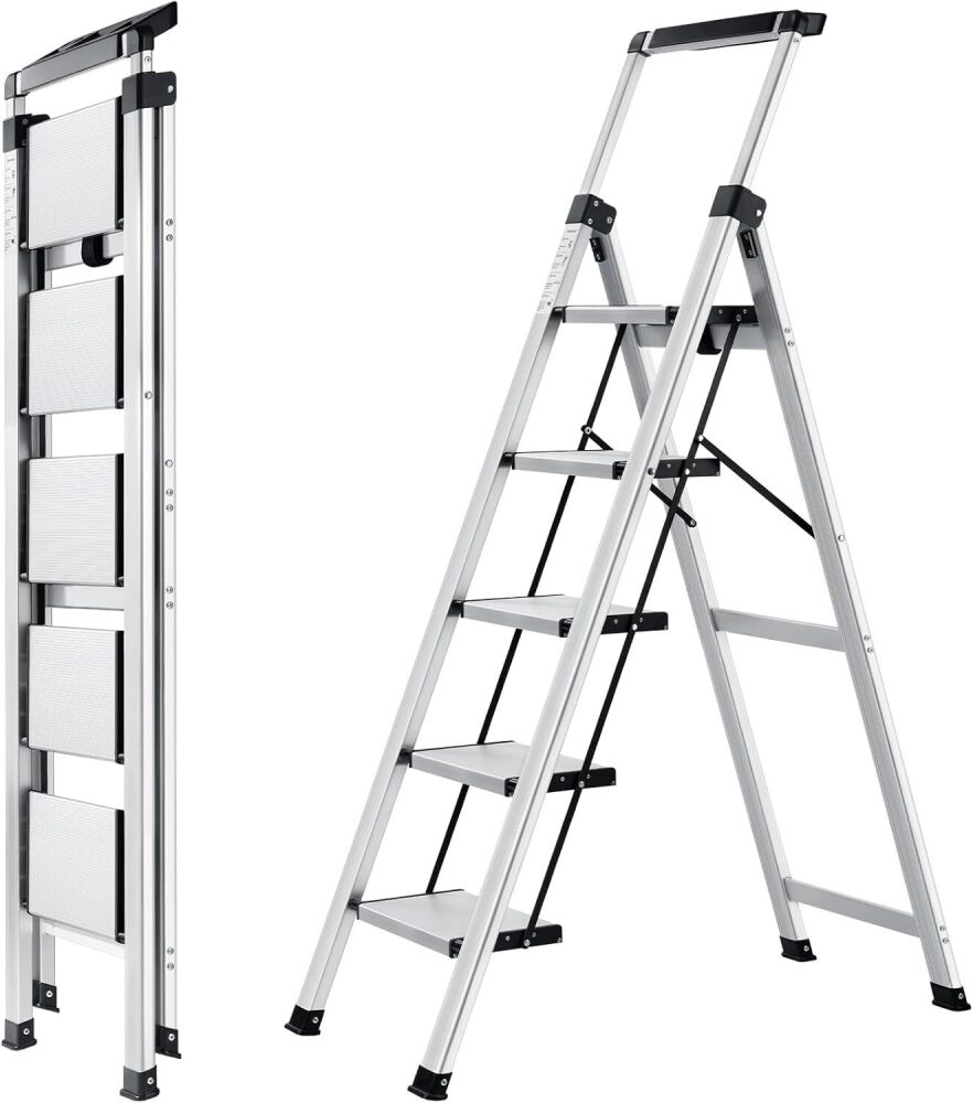 5 Step Ladder, Retractable Handgrip Folding Step Stool with Anti-Slip Wide Pedal, Aluminum Stool Ladders 5 Steps, 330lbs Safety Household Ladder - Image 1 - Lot 8276