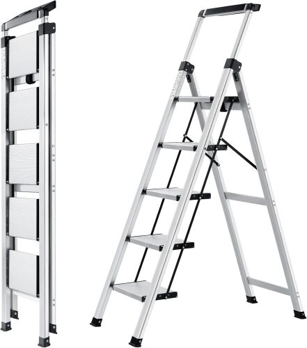5 Step Ladder, Retractable Handgrip Folding Step Stool with Anti-Slip Wide Pedal, Aluminum Stool Ladders 5 Steps, 330lbs Safety Household Ladder - Lot 8276