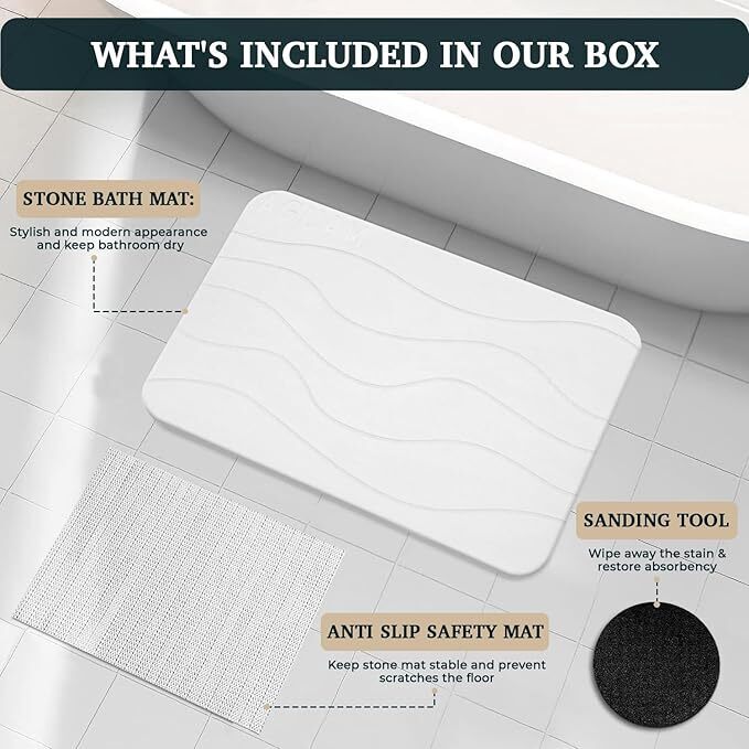 23" x 15" Diatomaceous Earth Shower Non Slip Stone Bath Mat | Quick Dry Super Absorbent Large Mats for Kitchen | Anti-Slip Fast Drying Water Absorbing Stone Bath Mats for Bathroom | Engr-Offwhite - Image 4 - Lot 8995
