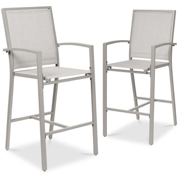 Set of 2 Outdoor Barstools, Patio Chairs w/ Footrests, All-Weather Mesh - Image 1 - Lot 52