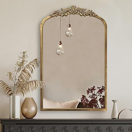 Vintage Mirror, 30" X 19" Arched Antique Baroque Mirror, Gold Traditional Wall Decor, Ornate Wall Decor Anthro Look Alike Decor for Bathroom Living Room Fireplace Entryway Hallway - Lot 8123