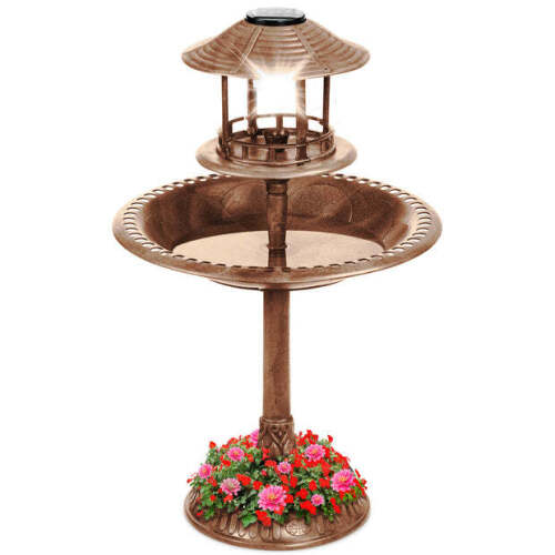 Solar Lighted Outdoor Pedestal Bird Bath w/ Planter, Decorative Bird Cage - Lot 8170