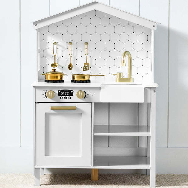 Pretend Play Wooden Farmhouse Kitchen Set w/ Storage, 5 Accessories - Image 1 - Lot 8315