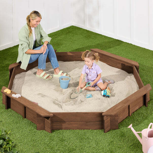 Kid's Wooden Octagonal Sandbox w/ Sand Cover, 4 Reinforced Benches, 8 Seats - Image 1 - Lot 8377