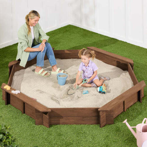 Kid's Wooden Octagonal Sandbox w/ Sand Cover, 4 Reinforced Benches, 8 Seats - Lot 8377