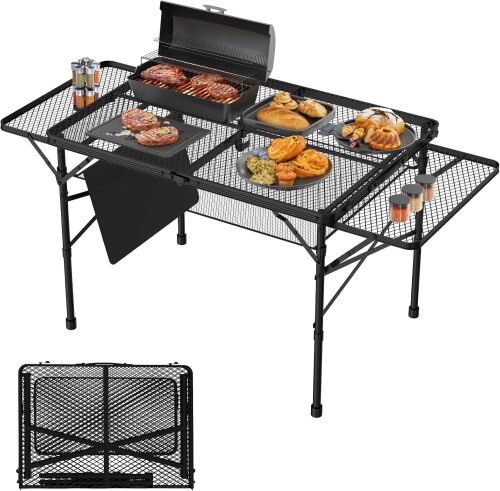 Folding Table with 2 Wing Panels, 3x2 FT Camping Table with Mesh Desktop,Height Adjustable Folding Grill Table with Mesh Bag,Portable Outdoor Table for Picnic,Camping,BBQ,Beach(Black) - Lot 8267