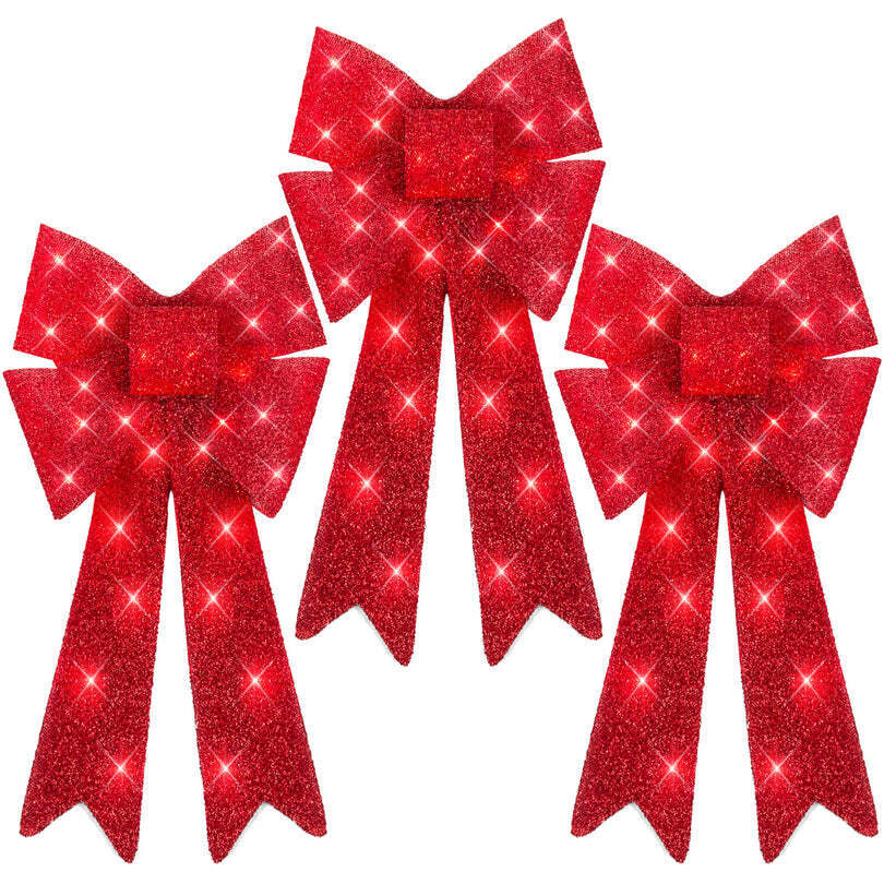 Set of 3 Pre-Lit Christmas Bow Decoration, LED Holiday Decor w/ 8 Functions - Image 1 - Lot 8507