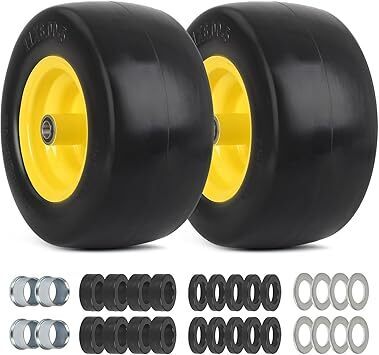 13x5.00-6 Flat Free Lawn Mower Tire and Wheel, Smooth Tread Tire for Lawnmower, Bearing Bore Hole 3/4" & 5/8, 3.25"-5.9" Centered Hub, 2 PCS - Lot 8298