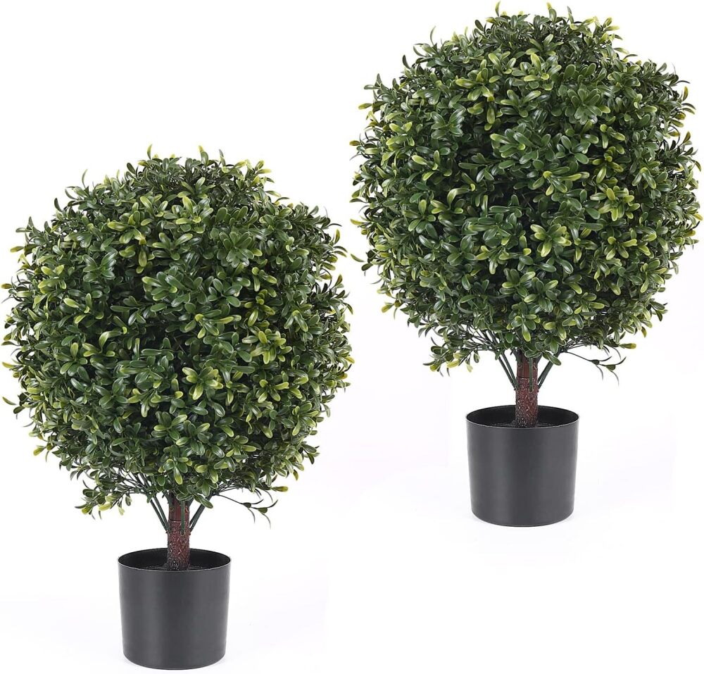 21 Inch Artificial Topiary Boxwood Ball Trees – Decorative Fake Greenery in Planter Pots for Front Porch, Indoor Walkway, Entryway Decorating, Set of 2 - Image 1 - Lot 8288