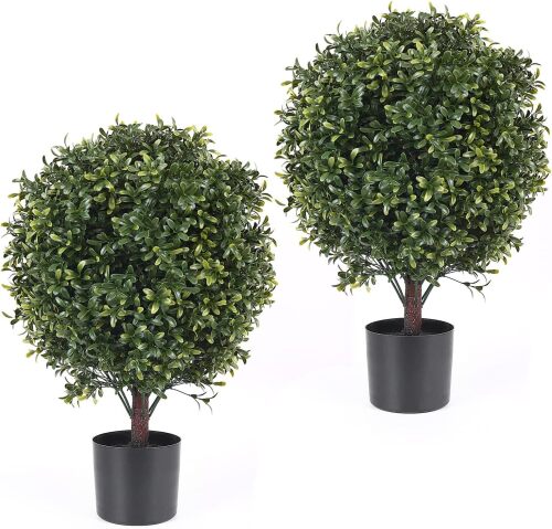 21 Inch Artificial Topiary Boxwood Ball Trees – Decorative Fake Greenery in Planter Pots for Front Porch, Indoor Walkway, Entryway Decorating, Set of 2 - Lot 8288