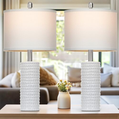 24.5" Modern Ceramic Table Lamps for Living Room ，Farmhouse Nightstand Lamps Set of 2 with White Linen Shade Office Reading Lamp ，Bedroom Lamps for Bedside End Table, Bedroom, Living Room, White - Lot 8299