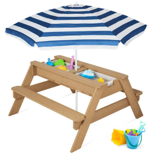3-in-1 Kids Sand & Water Table Outdoor Wood Picnic Table w/ Umbrella - Lot 8455