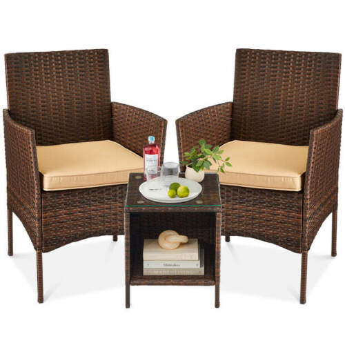 3-Piece Outdoor Patio Wicker Bistro Set w/ Side Storage Table - Lot 8610