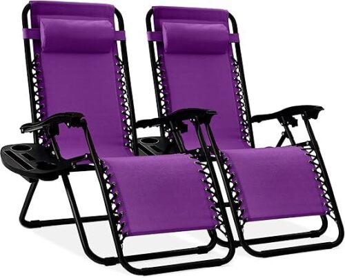 Set of 2 Adjustable Steel Mesh Zero Gravity Lounge Chair Recliners w/Pillows and Cup Holder Trays - Amethyst Purple - Lot 8383
