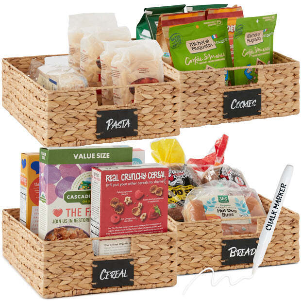 Set of 4 Water Hyacinth Pantry Baskets w/ Chalkboard, Chalk Marker - Image 1 - Lot 8442