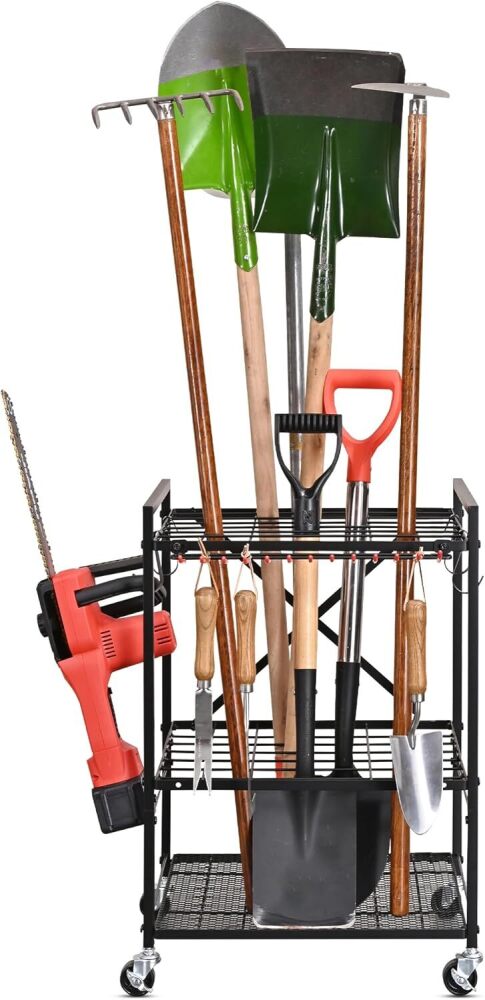 Mythinglogic Garden Tool Organizer for Garage, Yard Tool Rack with Wheels, Garage Organizers and Storage Holder for Yard Tools - Image 1 - Lot 8624