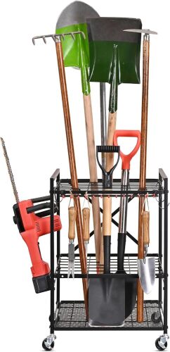 Mythinglogic Garden Tool Organizer for Garage, Yard Tool Rack with Wheels, Garage Organizers and Storage Holder for Yard Tools - Lot 8624