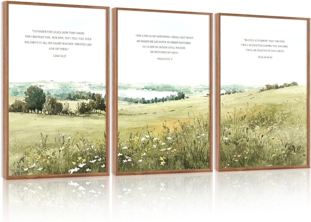 KAIRNE Scripture Christian Canvas Wall Art,Bible Verse Prints Set of 3(16”X24”),Modern Scripture Floral Wall Decor,Framed Green Countryside Field Paintings for Living Room Bedroom Ding Room Decor - Image 1 - Lot 8630